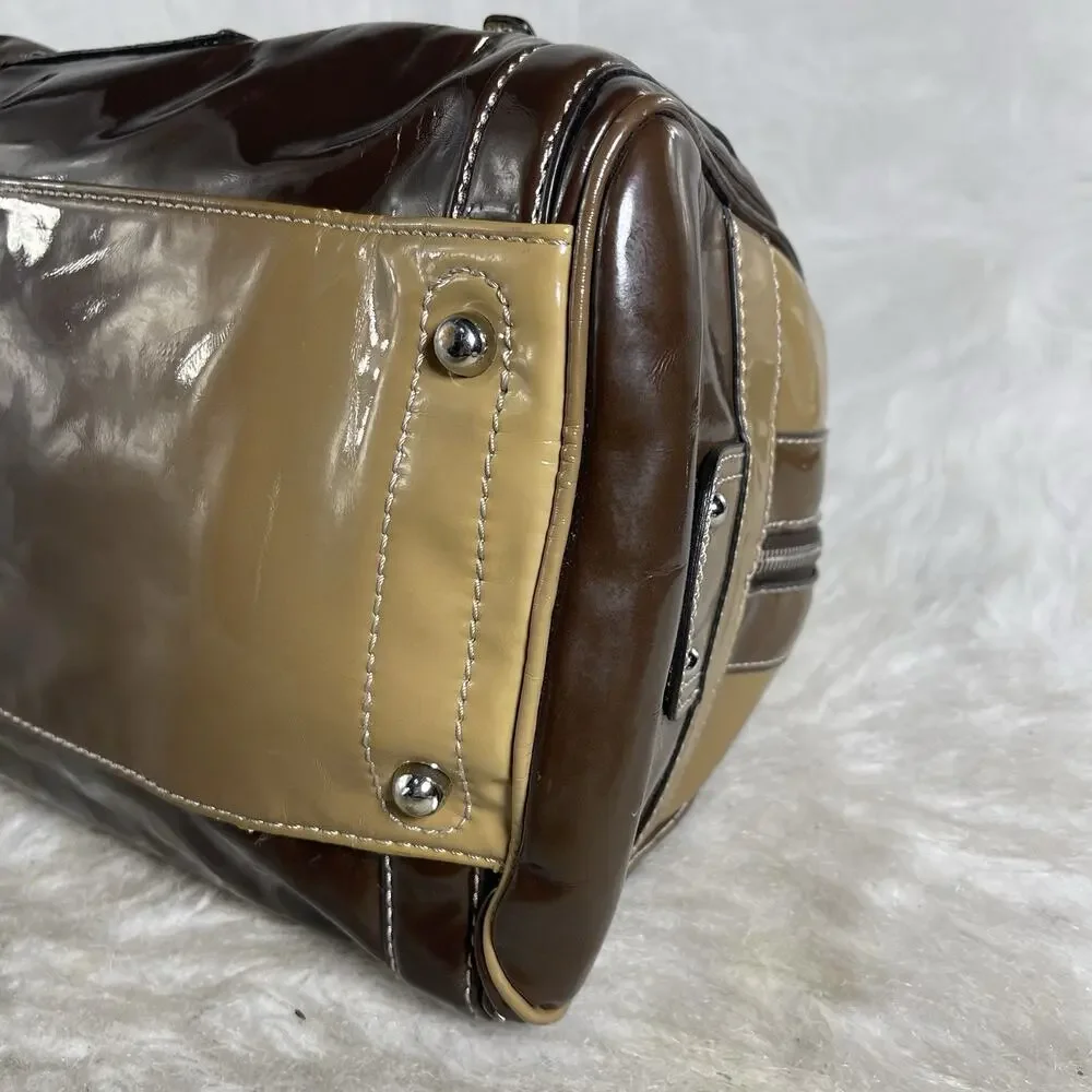 GUESS Patent Leather Satchel Shoulder Bag Brown Tan Logo Purse W015017